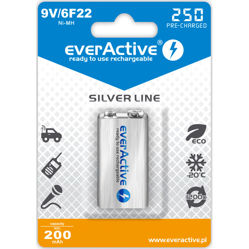 Punjive baterije everActive Ni-MH 6F22 9V 250 mAh Silver Line