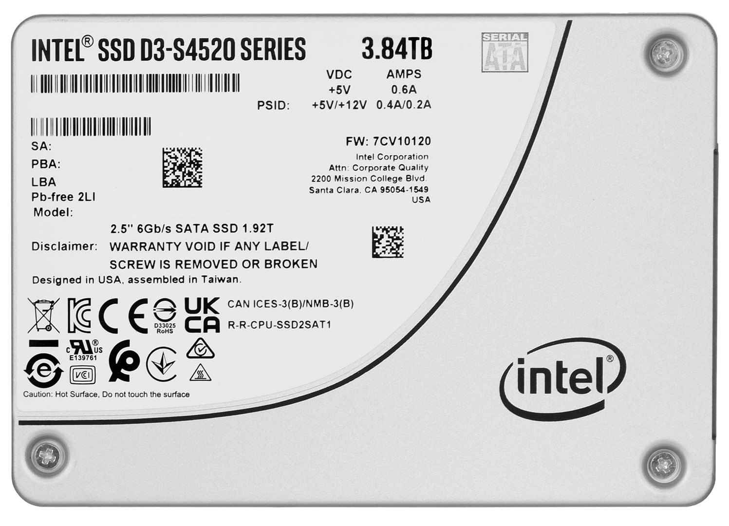 Intel SSD D3-S4520 Series (SSDSC2KB038TZ01) 3.84 TB 2.5″ SATA III TLC (3D NAND)