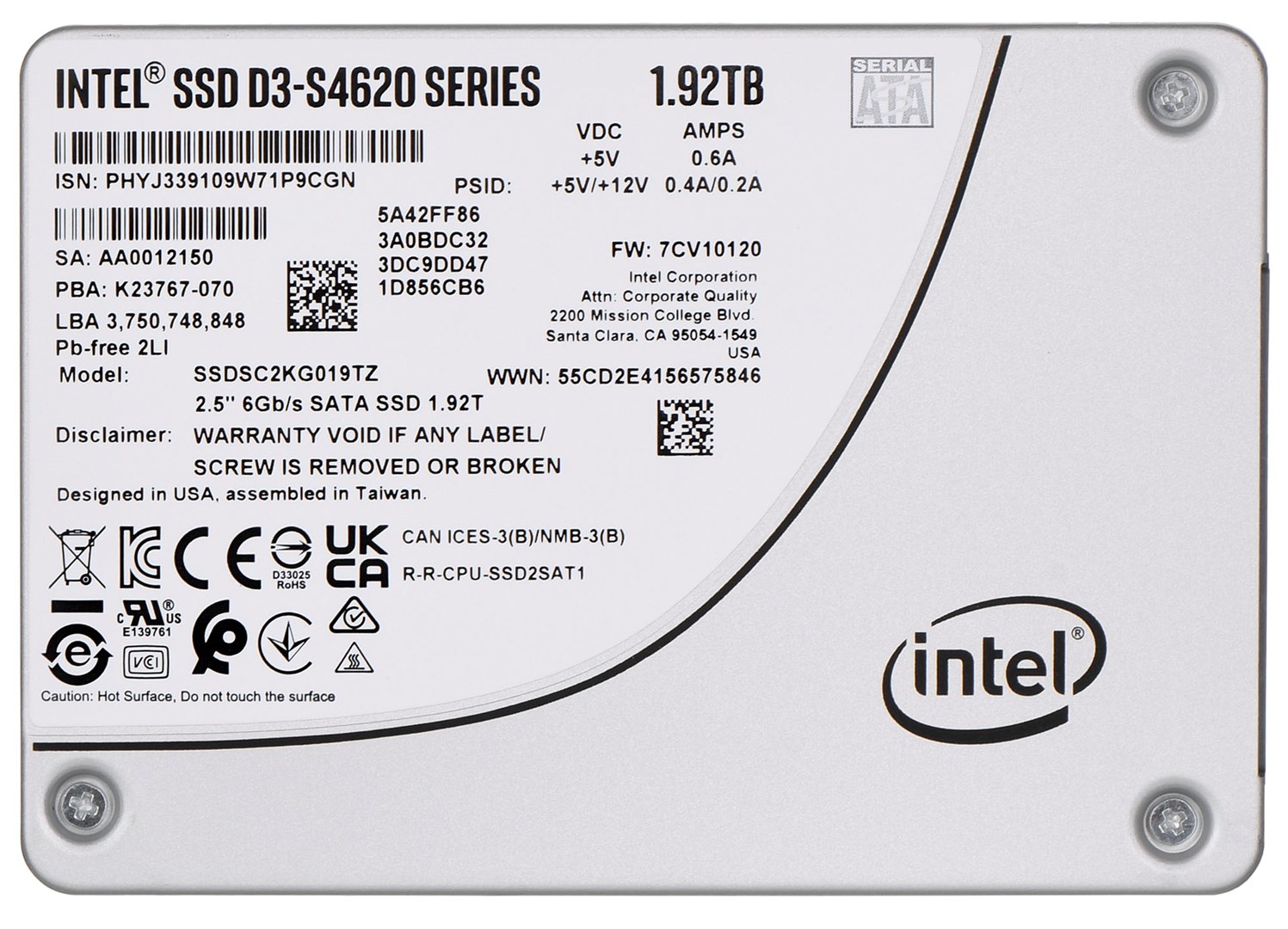 SSD Soligm (Intel) S4620 (1.92 TB, SATA, 2.5") SSDSC2KG019TZ01 (DWPD do 4)