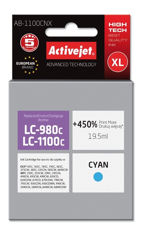 Tinta ACTIVEJET AB-1100CNX ink (zamjena za Brother LC1100/LC980C, supreme, 19.5 ml) cijan