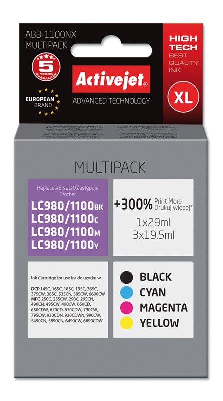 Tinta Activejet ABB-1100NX za Brother printer (zamjena za Brother LC1100/980, supreme, 1 x 29 ml, 3 x 19.5 ml) crna, ljubičasta, plava, žuta