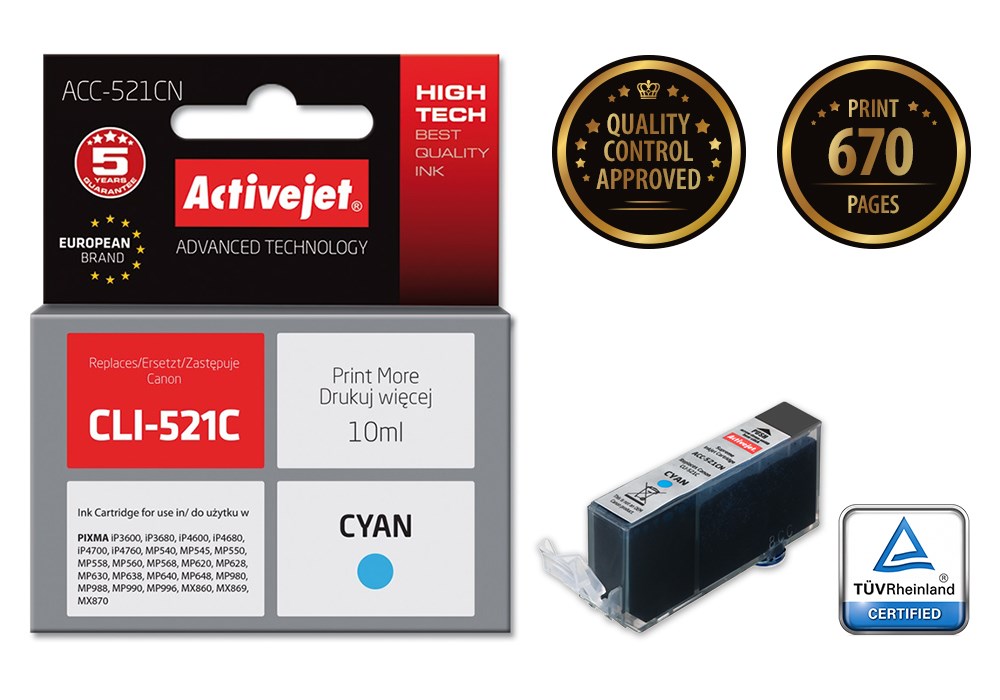 Tinta ACTIVEJET ACC-521CN (zamjena za Canon CLI-521C, supreme, 10 ml) cijan-1