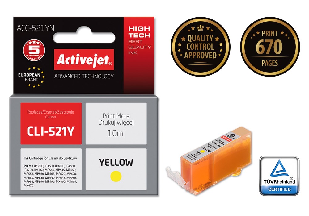 Tinta ACTIVEJET ACC-521YN (zamjena za Canon CLI-521Y, supreme, 10 ml) žuta-1