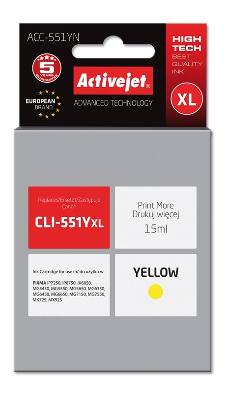 Tinta ACTIVEJET ACC-551YN (zamjena za Canon CLI-551Y, supreme, 15 ml) žuta