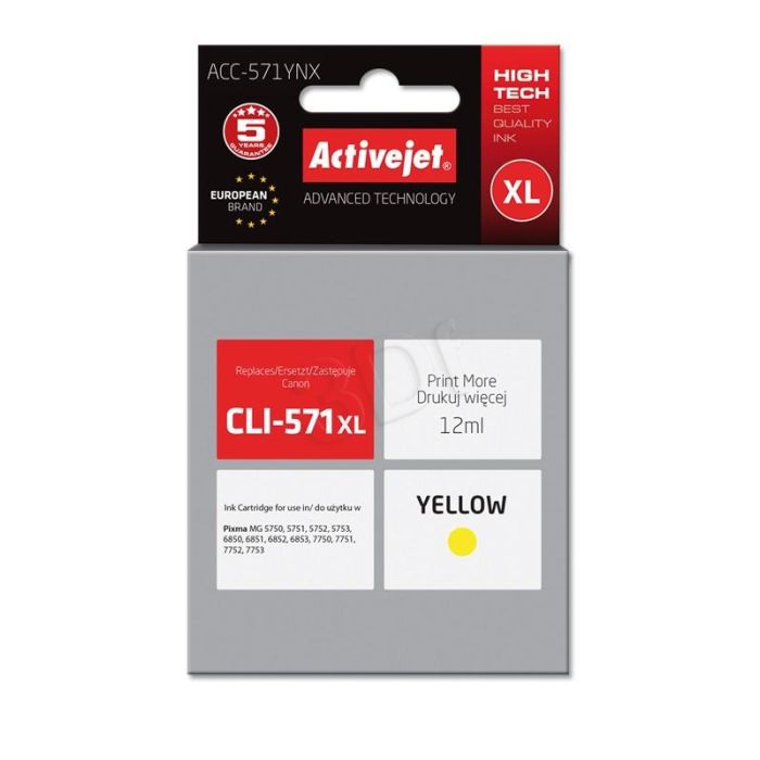 Tinta ACTIVEJET ACC-571YNX (zamjena za Canon CLI-571Y XL, supreme, 12 ml) žuta-0