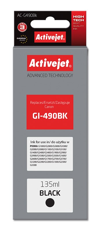Tinta ACTIVEJET AC-G490Bk za Canon printer (zamjena za Canon GI-490BK, supreme, 135 ml) crna