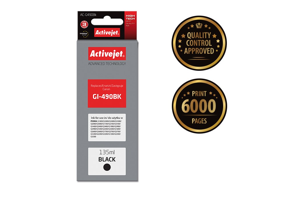 Tinta ACTIVEJET AC-G490Bk za Canon printer (zamjena za Canon GI-490BK, supreme, 135 ml) crna-1