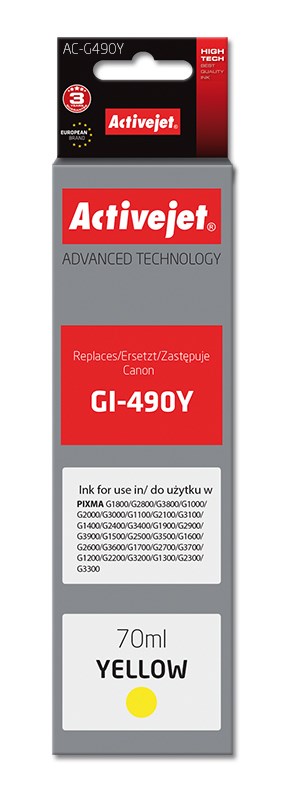 Tinta ACTIVEJET AC-G490Y za Canon printer (zamjena za Canon GI-490Y, supreme, 70 ml) žuta-0