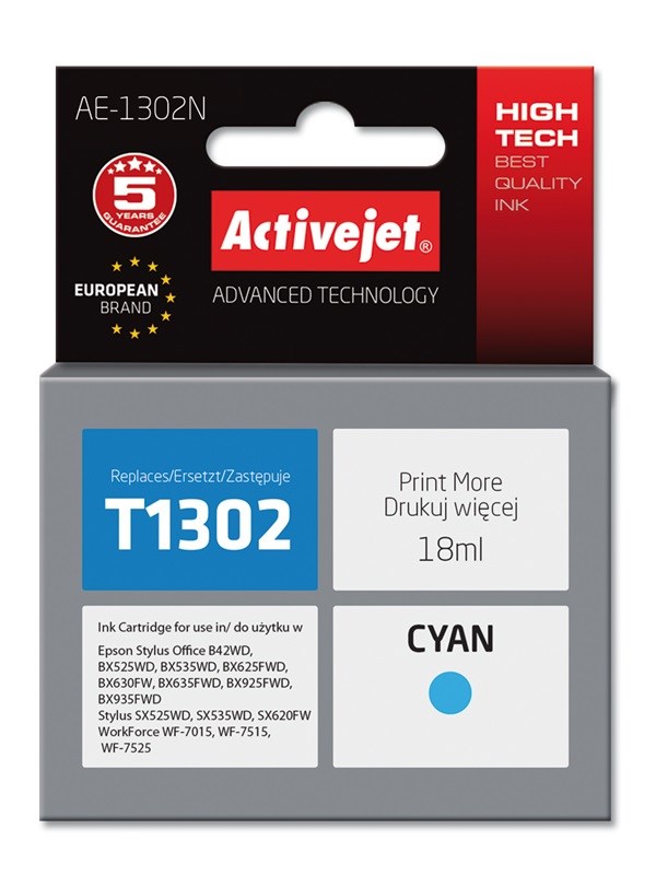 Activejet AE-1302N Ink (replacement for Epson T1302; Supreme; 18 ml; cyan)-0