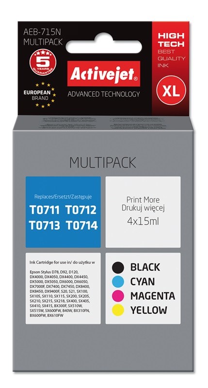 Tinta ACTIVEJET AEB-715N (zamjena za Epson T0715, supreme, 4 x 15 ml) crna, magenta, cijan, žuta