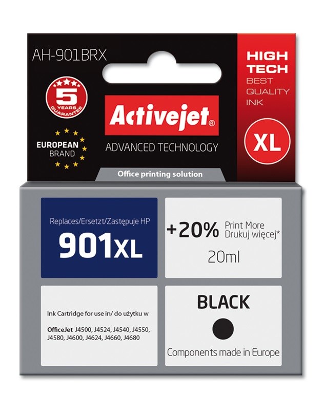 Tinta ACTIVEJET AH-901BRX za HP printer (zamjena za HP 901XL CC654AE, premium, 20 ml) crna