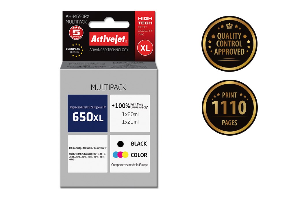 Tinta ACTIVEJET AH-650RX (zamjena za HP 650 CZ102AE, premium, 1 x 20 ml, 1 x 21 ml) crna, boja-1