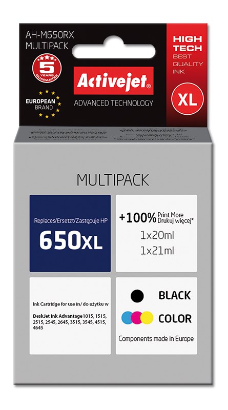 Tinta ACTIVEJET AH-650RX (zamjena za HP 650 CZ102AE, premium, 1 x 20 ml, 1 x 21 ml) crna, boja