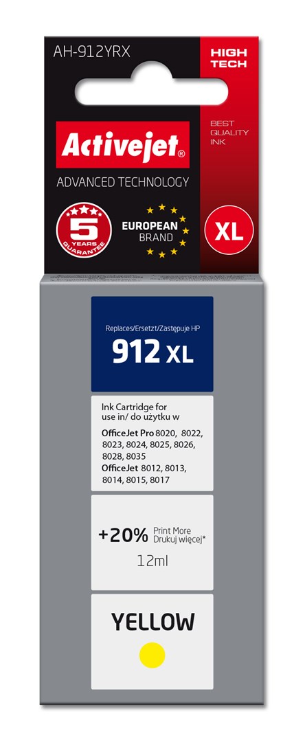 Tinta ACTIVEJET AH-912YRX za HP printere (zamjena za HP 912XL 3YL83AE, premium, 990 stranica) žuta-0