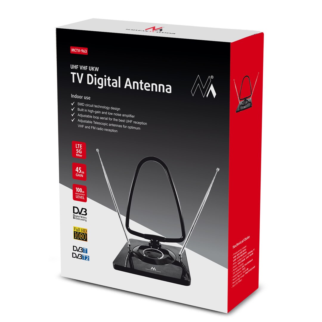 Unutarnja antena Maclean MCTV-963 Visokogušćinska Niska buka Digitalna analogni Freeview FM DVB Strongt 45dB DVB-T/T2 H.265 HEVC-6