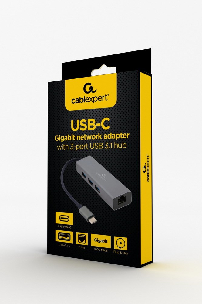 Mrežni adapter USB-C Gigabit Gembird A-CMU3-LAN-01 s 3-portnim USB 3.1 hubom-1