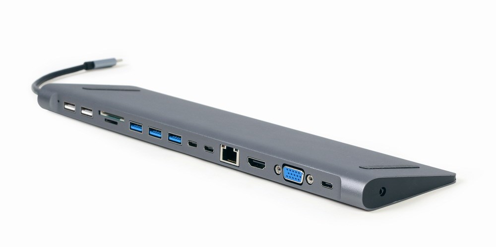 Višenamjenski adapter GEMBIRD A-CM-COMBO9-01 (USB hub, HDMI, VGA, PD, čitač kartica, LAN, 3.5 mm audio) sivi-0