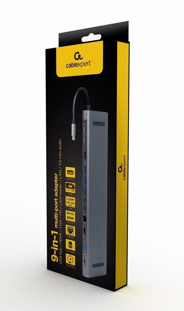 Višenamjenski adapter GEMBIRD A-CM-COMBO9-01 (USB hub, HDMI, VGA, PD, čitač kartica, LAN, 3.5 mm audio) sivi-3