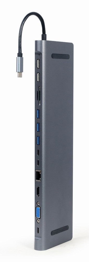 Višenamjenski adapter GEMBIRD A-CM-COMBO9-01 (USB hub, HDMI, VGA, PD, čitač kartica, LAN, 3.5 mm audio) sivi-1
