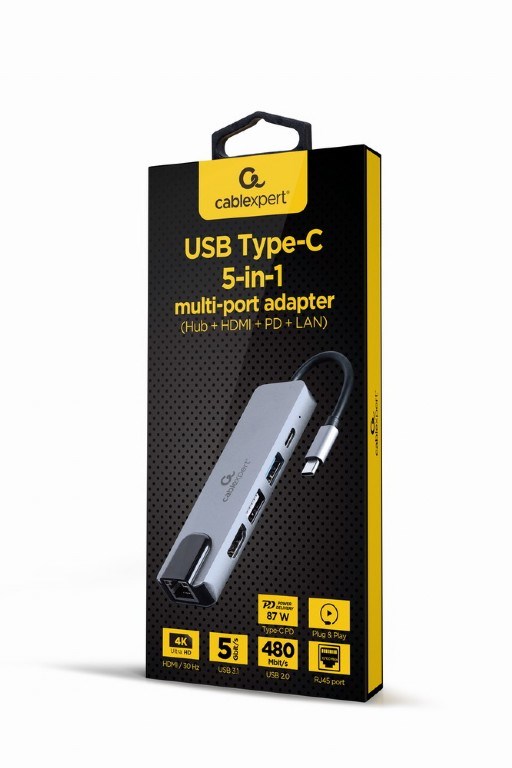 Višenamjenski adapter GEMBIRD A-CM-COMBO5-04 (USB Type-C 5-u-1 Hub, HDMI, PD, LAN)-1