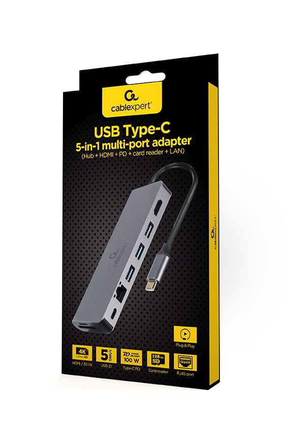 USB Type-C 5-u-1 multi-port adapter GEMBIRD A-CM-COMBO5-05 (Hub + HDMI + PD + čitač kartica + LAN)-4