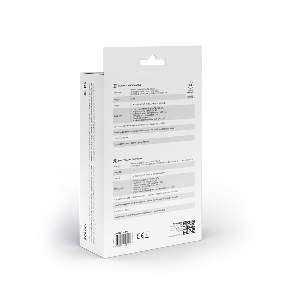 DisplayPort kabel SAVIO (M - M, V1.4, 3 m, CL-176)-1