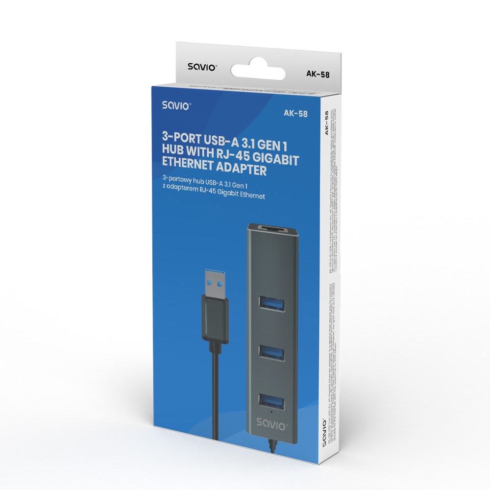 Hub SAVIO AK-57 USB-A-3 X USB-A (s RJ-45 Gigabit Ethernet adapterom, 5000 Mbit/s sivi)-3
