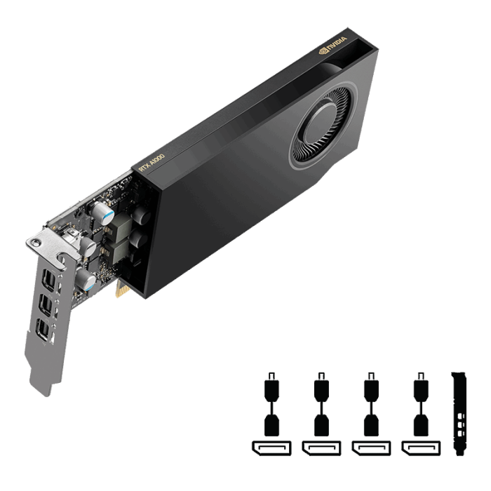 PNY NVIDIA A1000 8GB LowProfile PCI-Express 4.0 x16, LP8 GB GDDR6 128-bit 4x Mini DP 1.4 Installguide, Supportguide 4x mDP to DP adapter, 1x LP bracket"-1