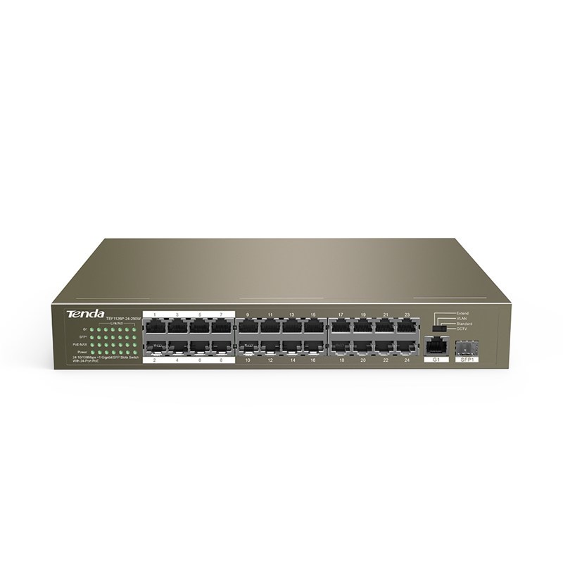 Prekidač TENDA TEF1126P-24-250W (neupravljeno, 24 RJ-45 portova, Power over Ethernet, sivi)-0