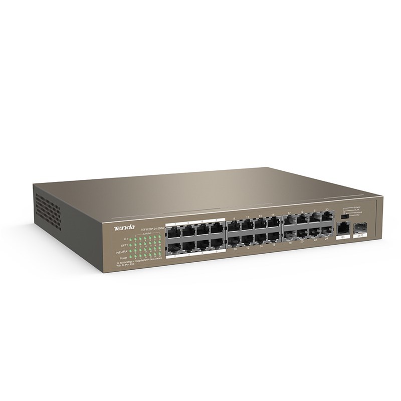 Prekidač TENDA TEF1126P-24-250W (neupravljeno, 24 RJ-45 portova, Power over Ethernet, sivi)-1