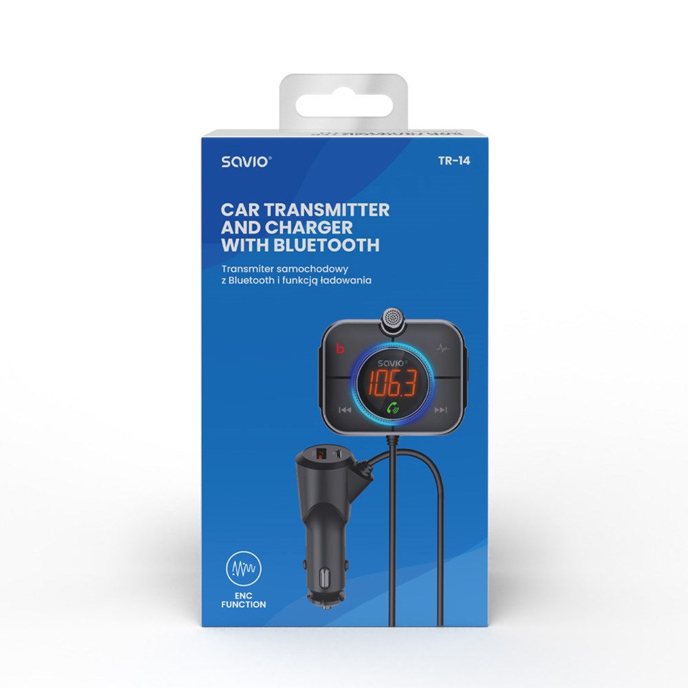 Savio FM odašiljač, Bluetooth 5.0, QC/PD 3.0 punjač, ​​ENC, Aux Out, Micro SD, TR-14 crna-3
