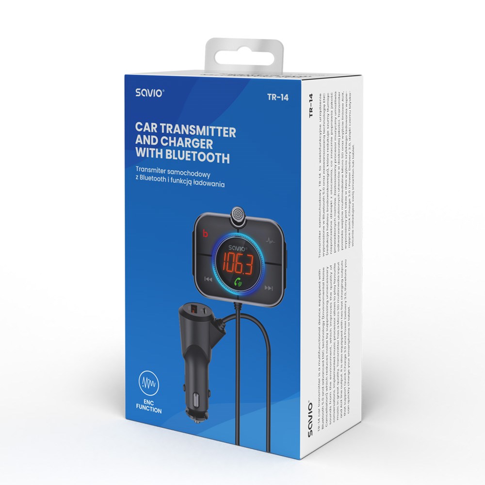 Savio FM odašiljač, Bluetooth 5.0, QC/PD 3.0 punjač, ​​ENC, Aux Out, Micro SD, TR-14 crna-2