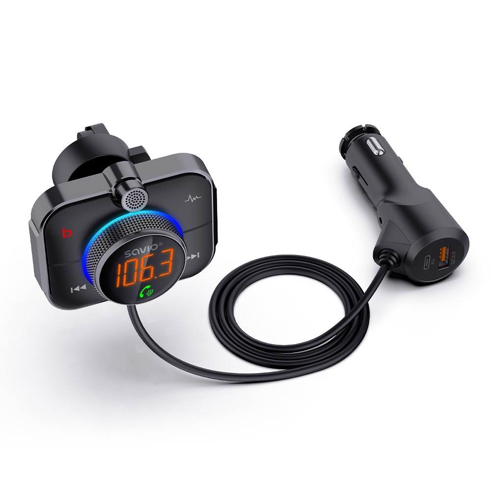 Savio FM odašiljač, Bluetooth 5.0, QC/PD 3.0 punjač, ​​ENC, Aux Out, Micro SD, TR-14 crna-6