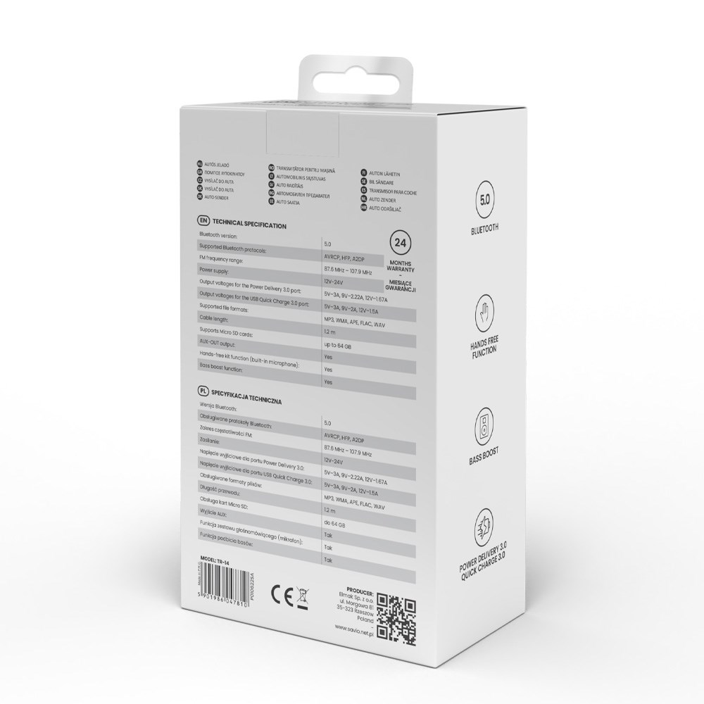 Savio FM odašiljač, Bluetooth 5.0, QC/PD 3.0 punjač, ​​ENC, Aux Out, Micro SD, TR-14 crna-1