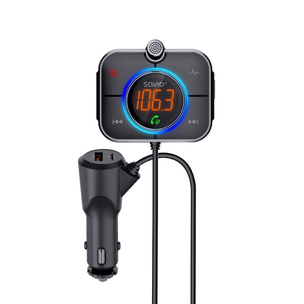 Savio FM odašiljač, Bluetooth 5.0, QC/PD 3.0 punjač, ​​ENC, Aux Out, Micro SD, TR-14 crna-10