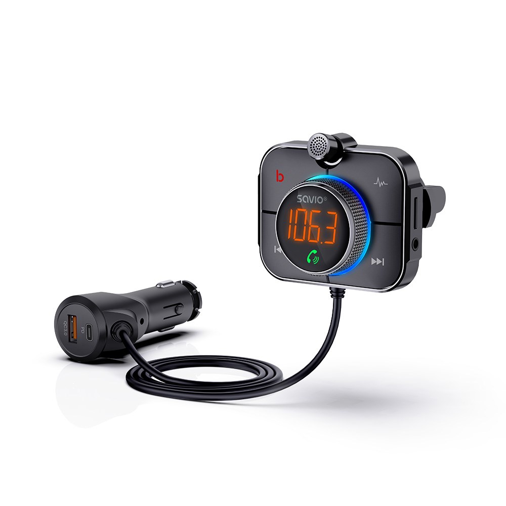 Savio FM odašiljač, Bluetooth 5.0, QC/PD 3.0 punjač, ​​ENC, Aux Out, Micro SD, TR-14 crna-0