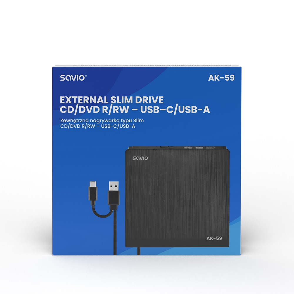 Savio AK-59 Vanjski vitki CD/DVD rekorder R/RW-USB-C/USB-A crna-3