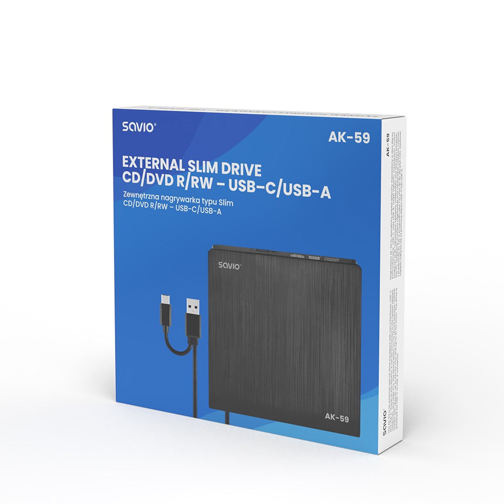 Savio AK-59 Vanjski vitki CD/DVD rekorder R/RW-USB-C/USB-A crna-2