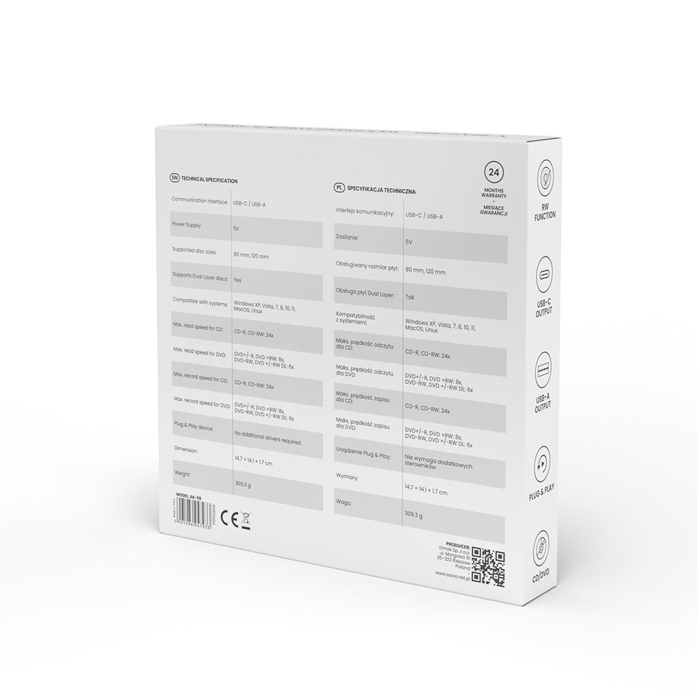 Savio AK-59 Vanjski vitki CD/DVD rekorder R/RW-USB-C/USB-A crna-1