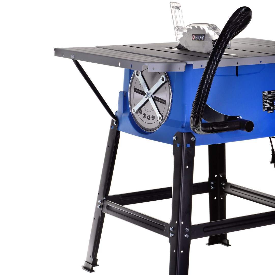 Stolna pila SCHEPPACH HS100S (boja čelika, boja plava, težina 22 kg, visina 830 mm, maksimalna širina 940 mm, širina 642 mm, dubina 642 mm, broj reznih diskova 2, dubina rezanja 45o 6.5 cm, dubina rezanja 90o 8.5 cm, promjer oštrice 25 cm, promjer rupa 3 cm, maksimalna brzina praznog hoda 5000 RPM, kut mitre 0° - 45°, snaga 2000 W, izvor napajanja AC, ulazni napon AC 230 V, ulazna frekvencija AC 50 Hz)-2