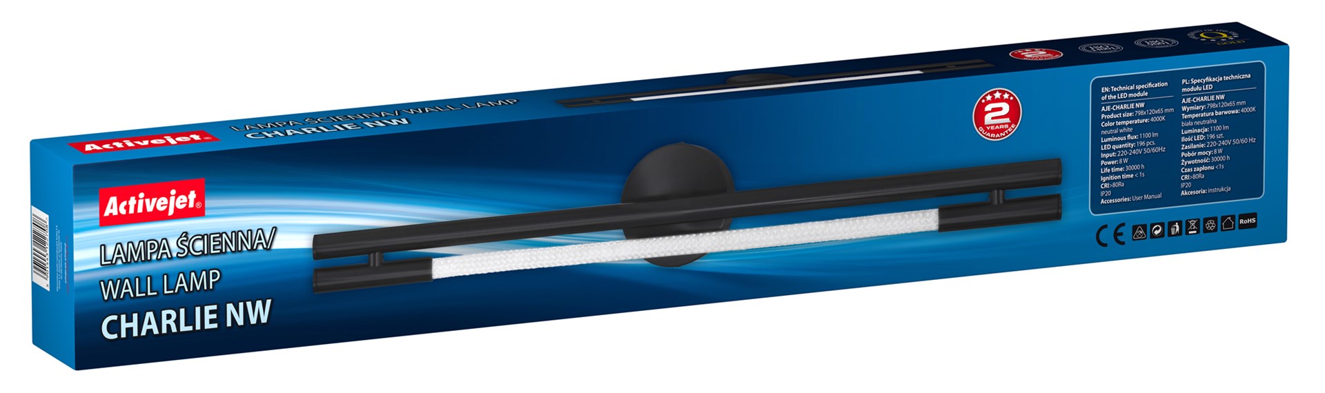 Zidna LED lampa ACTIVEJET AJE-CHARLIE NW (Prirodno bijela svjetlost, 1100 lm, 8 W, 196 LED žarulja, Crna)-7