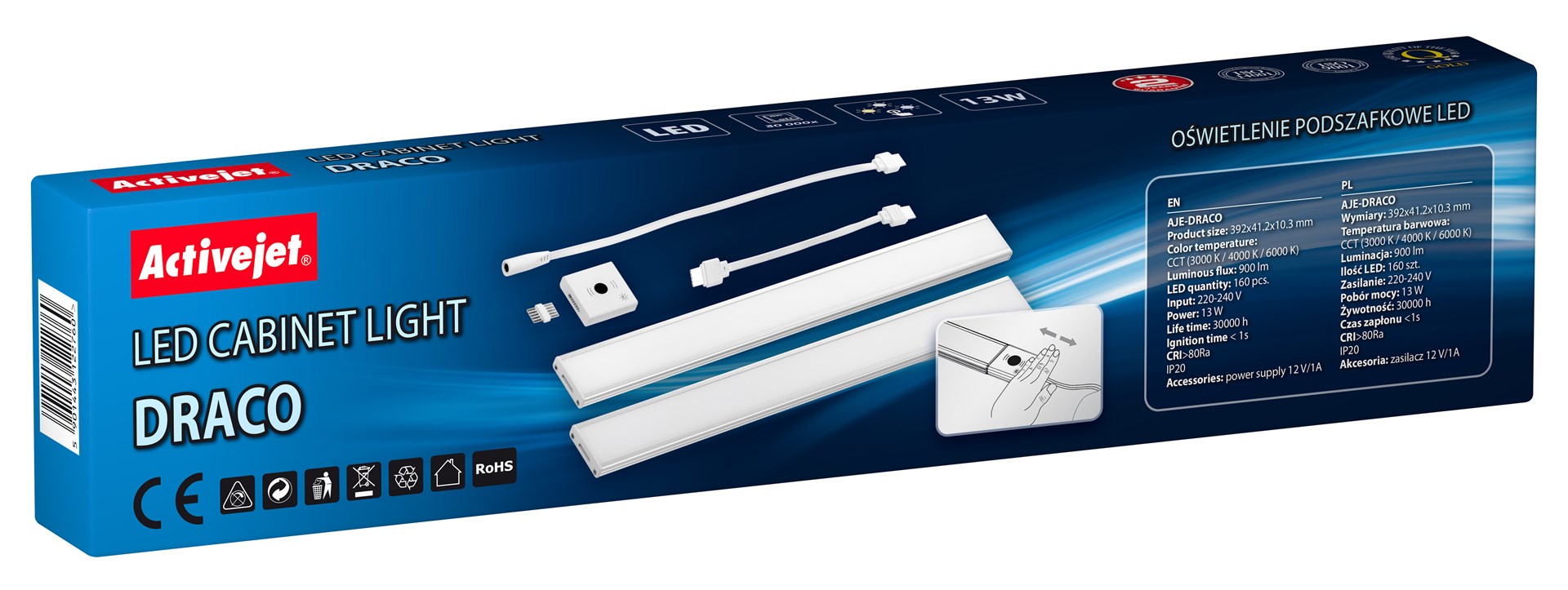 LED svjetiljka za ormar ACTIVEJET AJE-DRACO (Bijela, Pravokutna, IP20, AC napajanje, 220-240 V, 13 W, 900 lm, 3000-6000 K, 160 žarulja, 30000 h)-1