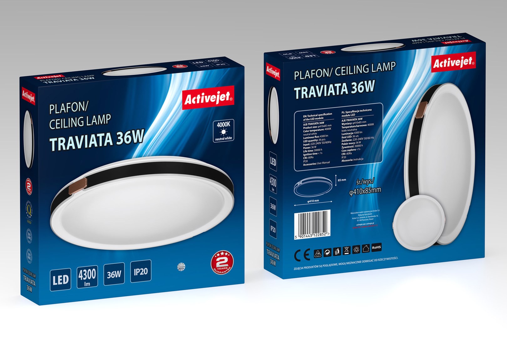Stropna svjetiljka LED ACTIVEJET AJE-TRAVIATA 36W (Univerzalna, Okrugla, Crna/Bijela, 36 LED žarulja, 4300 lm, 4000 K, IP20)-4