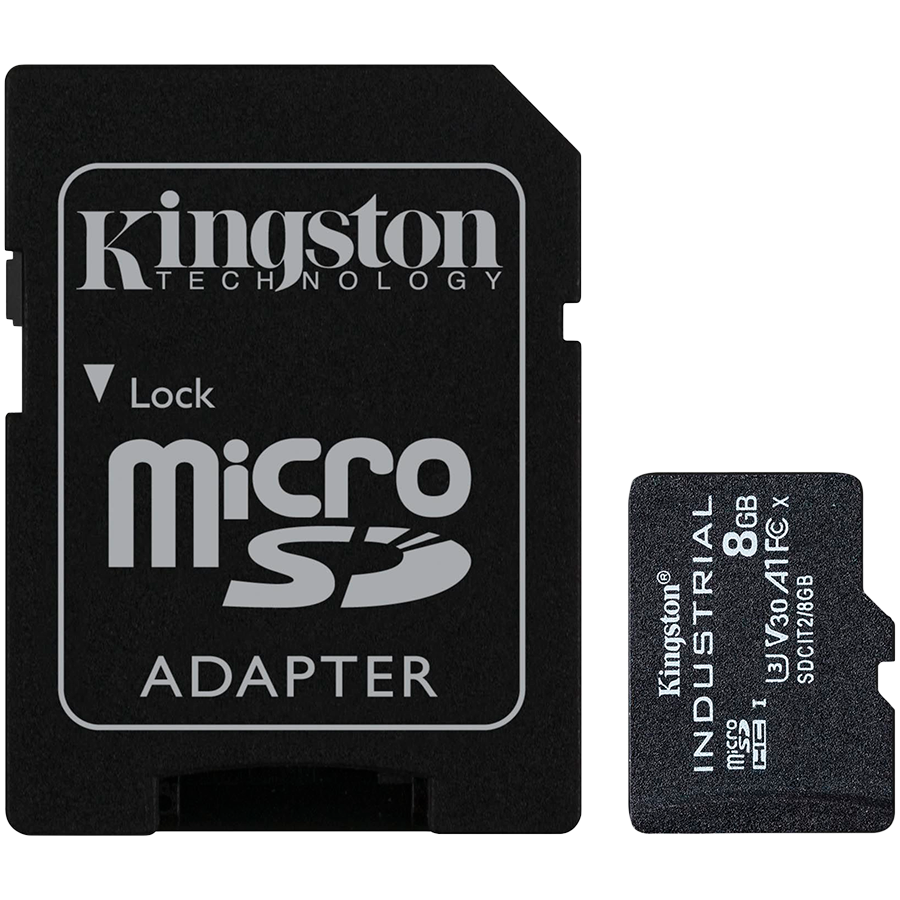 Micro SDHC kartica KINGSTON 8GB Industrial C10 A1 pSLC + SD Adapter (90 MB/sec čitanje, 20 MB/sec pisanje, -40 do 85 °C, crna)-0