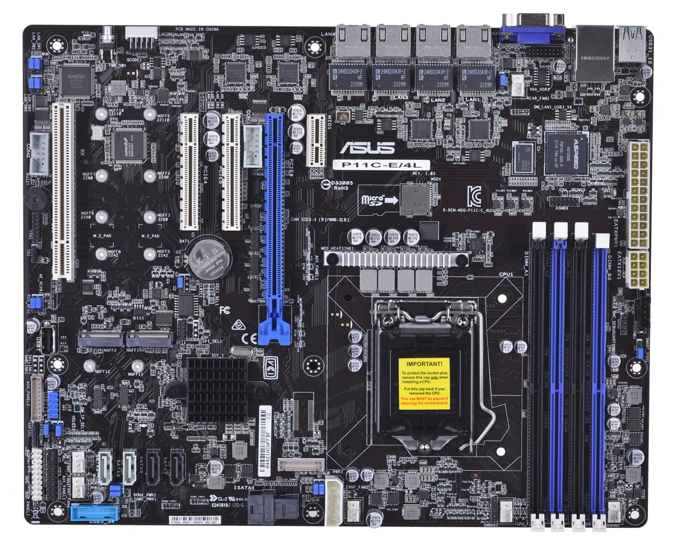 Ploča servera ASUS P11C-E/4L Xeon® E-21XXX (C246, 4xDIMM, 4 Intel i210AT+1Mgt LAN, 8 SATA, 2 M.2, 1 PCIe x16+2 PCIe x8+1 PCI, 2+2 U3.1, ATX)-0