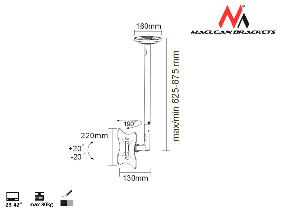 Nosač za TV stropni MACLEAN MC-504A S (23"- 42", do 30 kg, nagib -20 - 20°)-2
