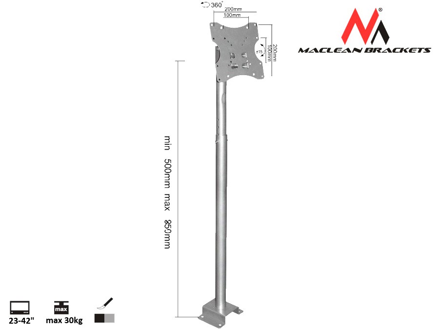 Nosač za TV stropni MACLEAN MC-504A S (23"- 42", do 30 kg, nagib -20 - 20°)-5