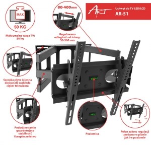 Nosač za TV zidni ART RAMT AR-51 (23"- 60", do 50 kg, nagib -15° +15°, zakret 180°)-6