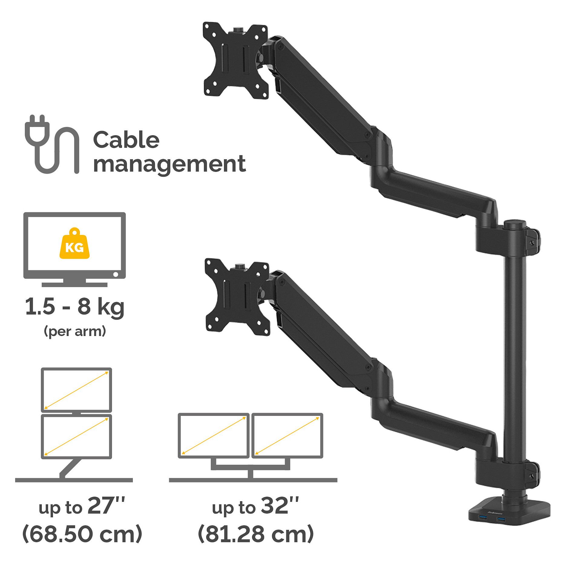 Ergonomska ruka FELLOWES platinum serija (boja crna, materijal aluminij, maksimalna težina 16 kg, broj podržanih monitora 2, maksimalna veličina ekrana 81.3 cm, maksimalna visina 74 cm)-2