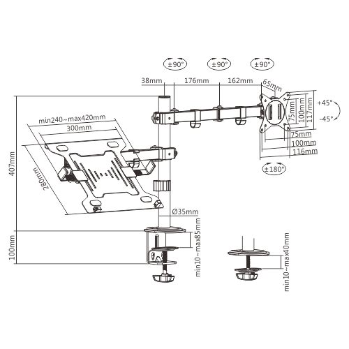 Gembird MA-DA-03 Adjustable desk mount with monitor arm and notebook tray (rotate, tilt, swivel), 17”-32”, up to 9 kg-1
